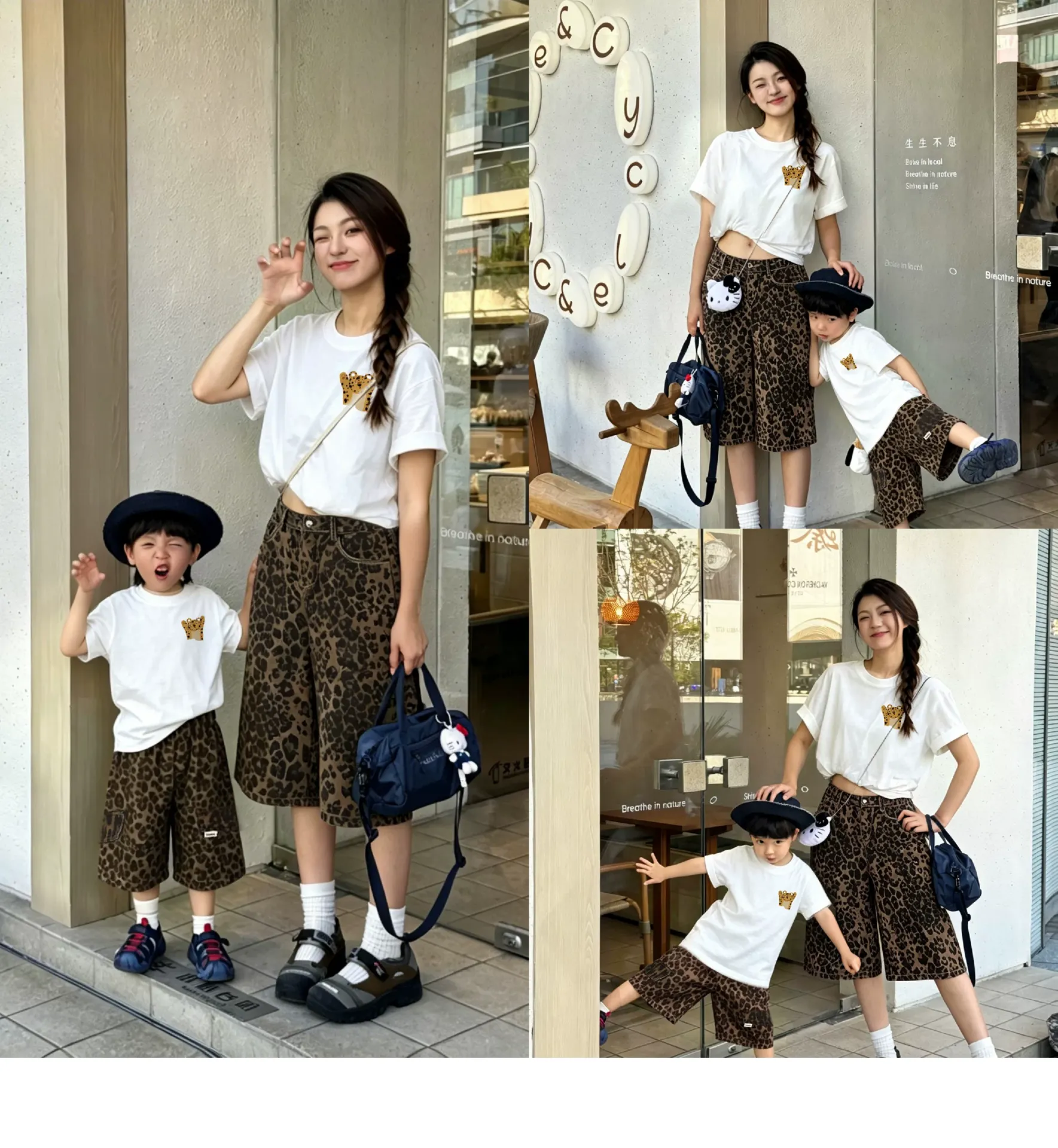 親子ペアルック レオパードワンポイントTシャツ・ロンパース
