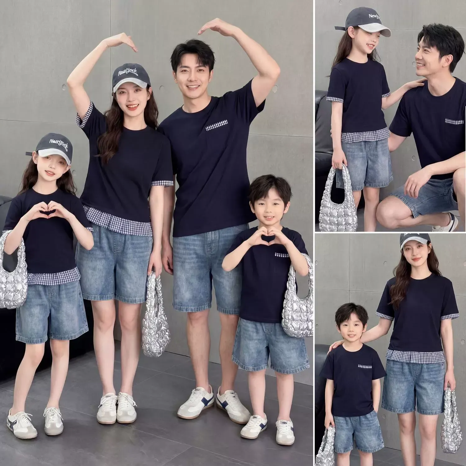 親子ペアルック ネイビー×ギンガムチェック リンクTシャツ