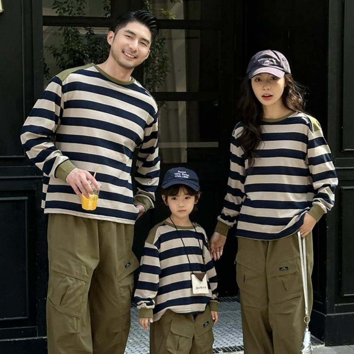 親子ペアルック アースカラーボーダー 長袖Tシャツ