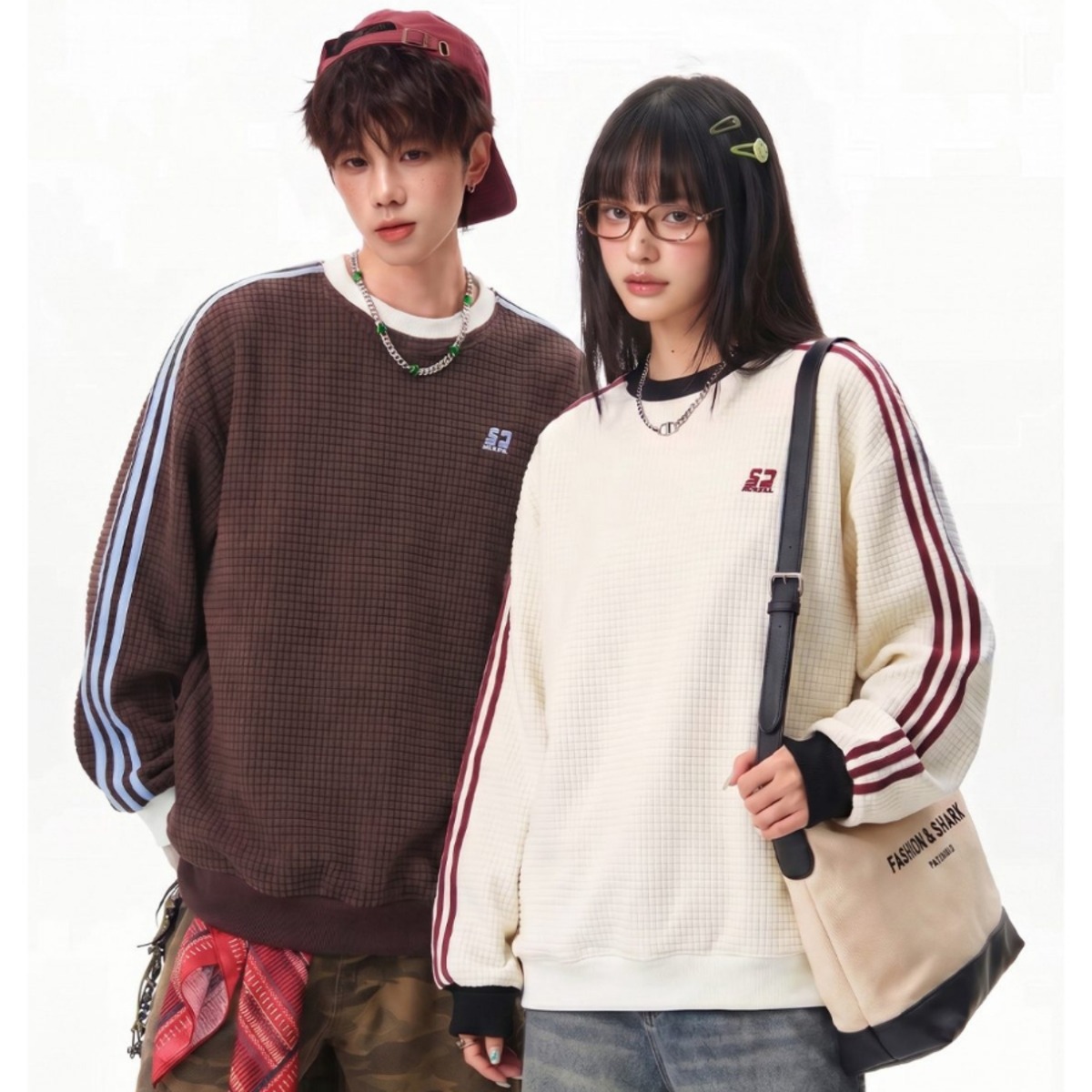 カップルペアルック サイドライン ワッフル調ロングTシャツ