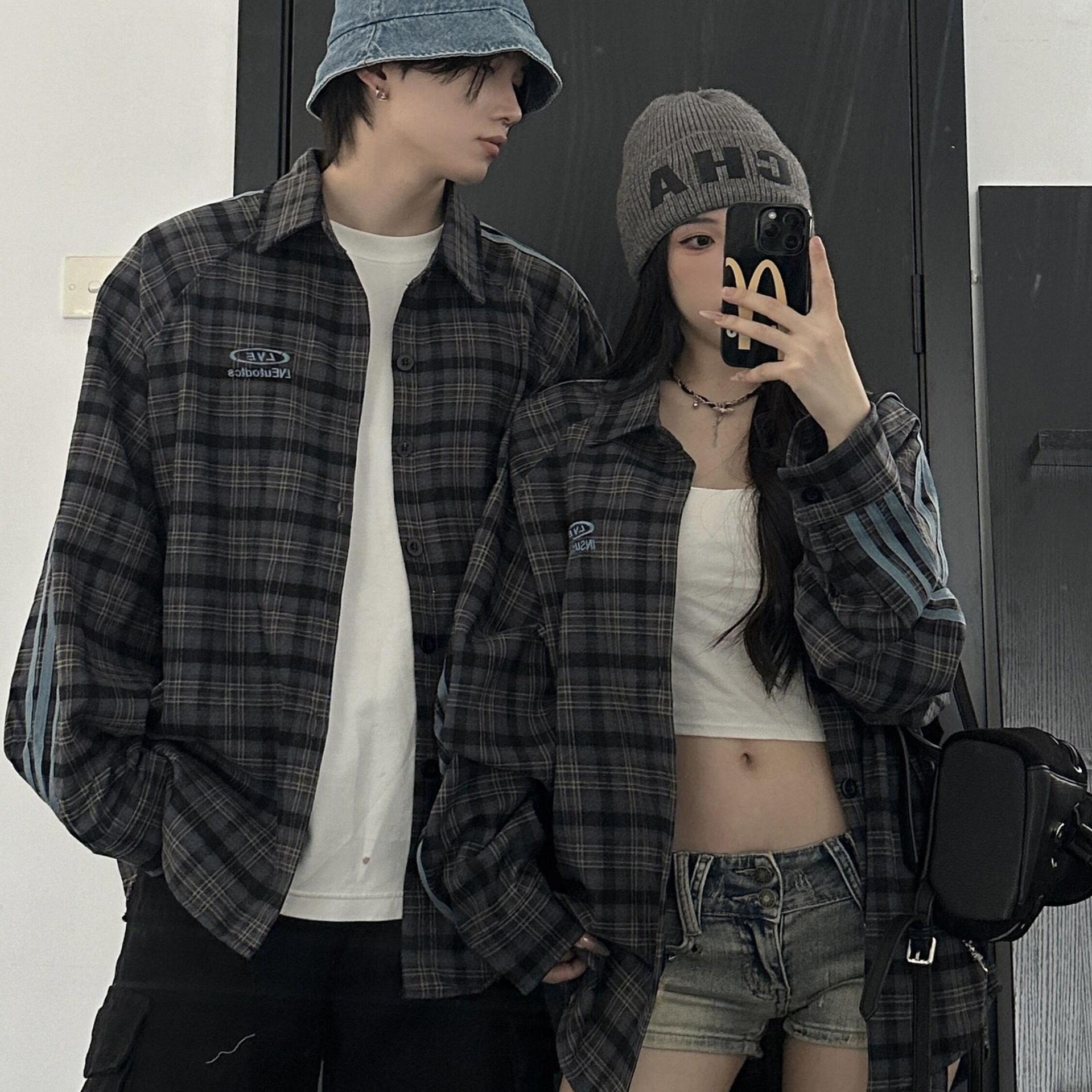 カップルペアルック サイドライン チェック柄シャツ