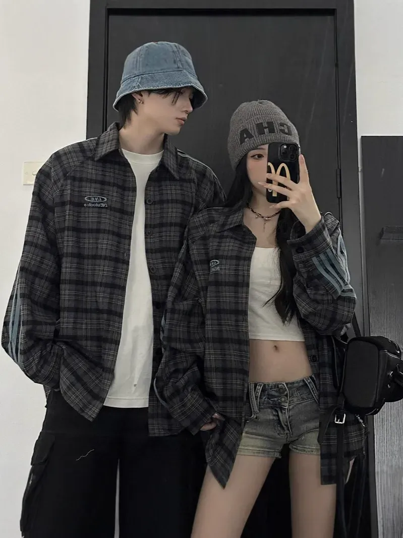 カップルペアルック サイドライン チェック柄シャツ