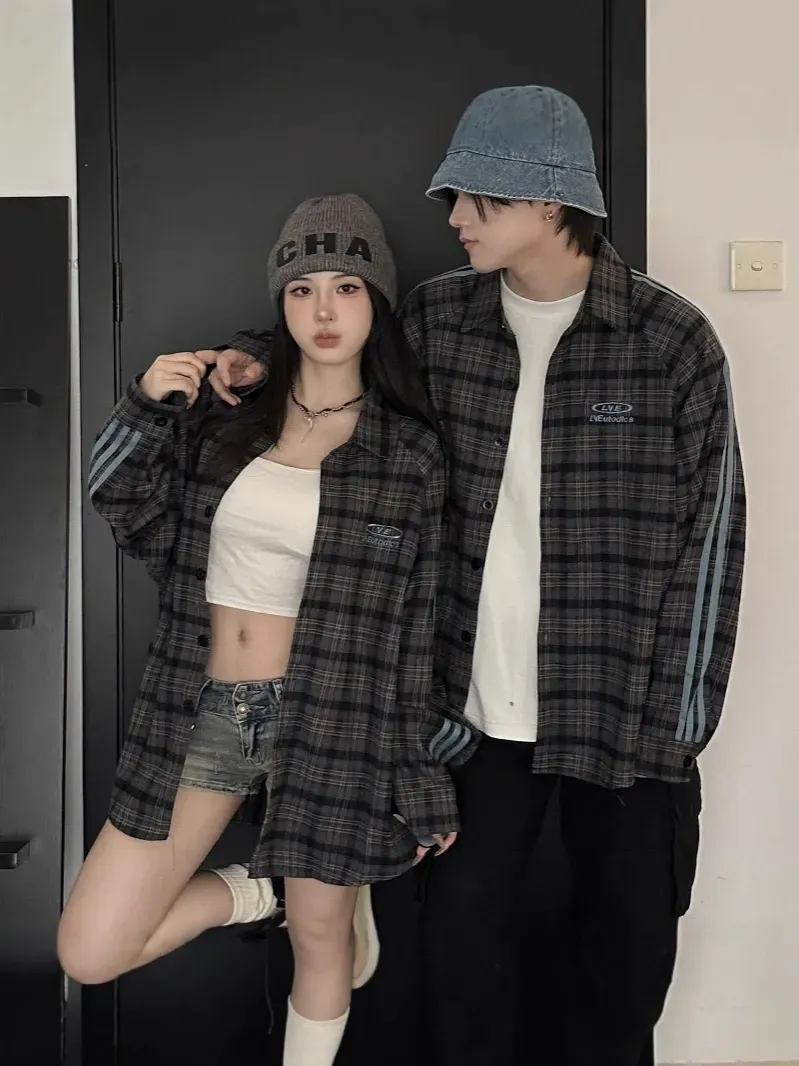 カップルペアルック サイドライン チェック柄シャツ