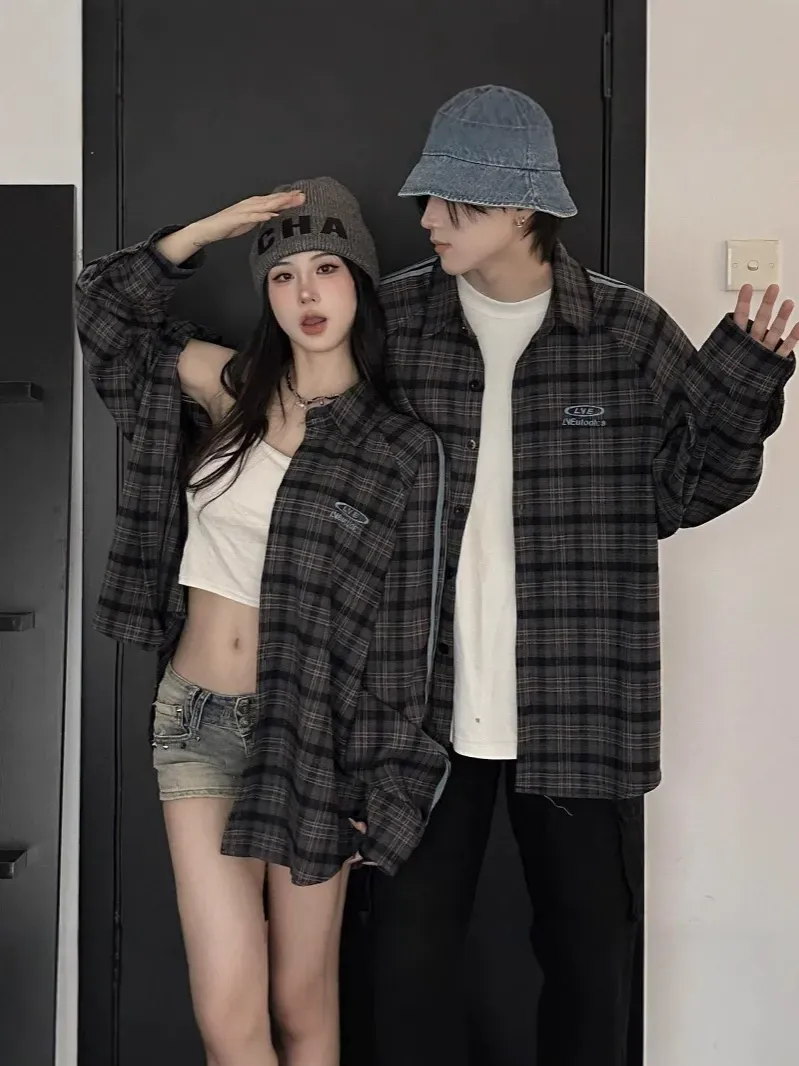 カップルペアルック サイドライン チェック柄シャツ