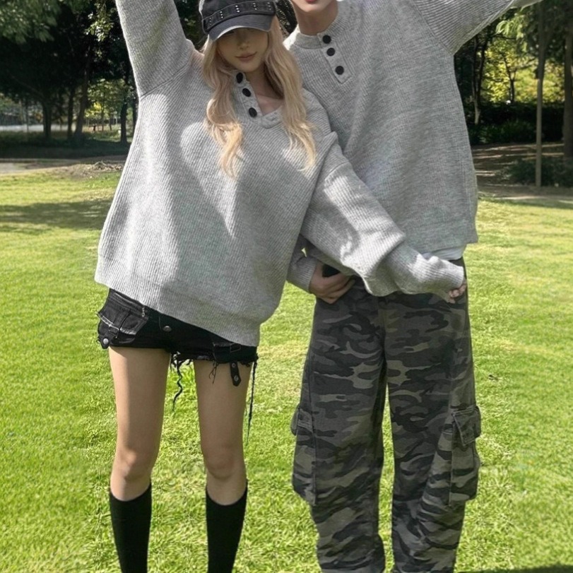 カップルペアルック シンプル＆リラクシー ヘンリーネックニット