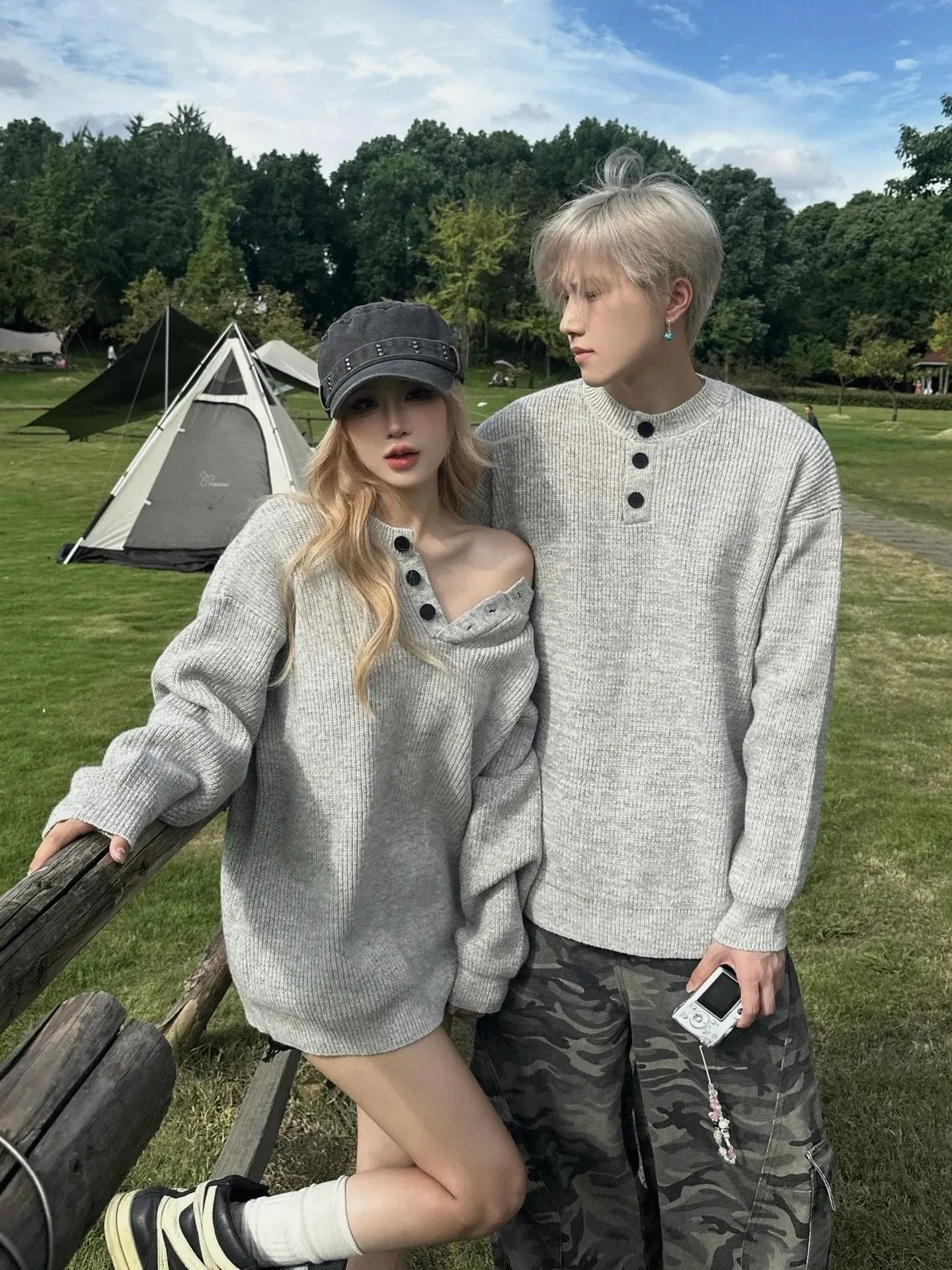 カップルペアルック シンプル＆リラクシー ヘンリーネックニット