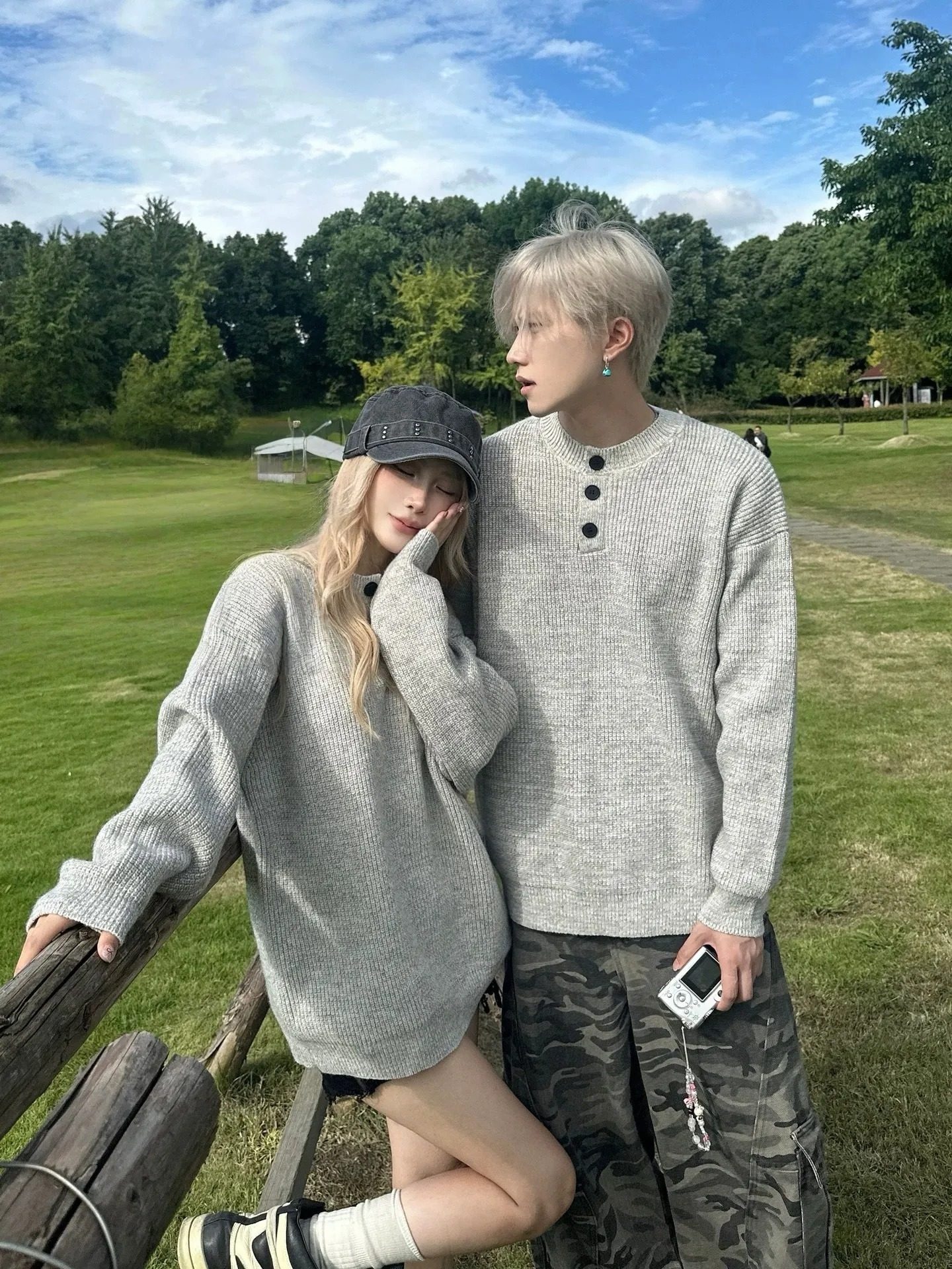 カップルペアルック シンプル＆リラクシー ヘンリーネックニット
