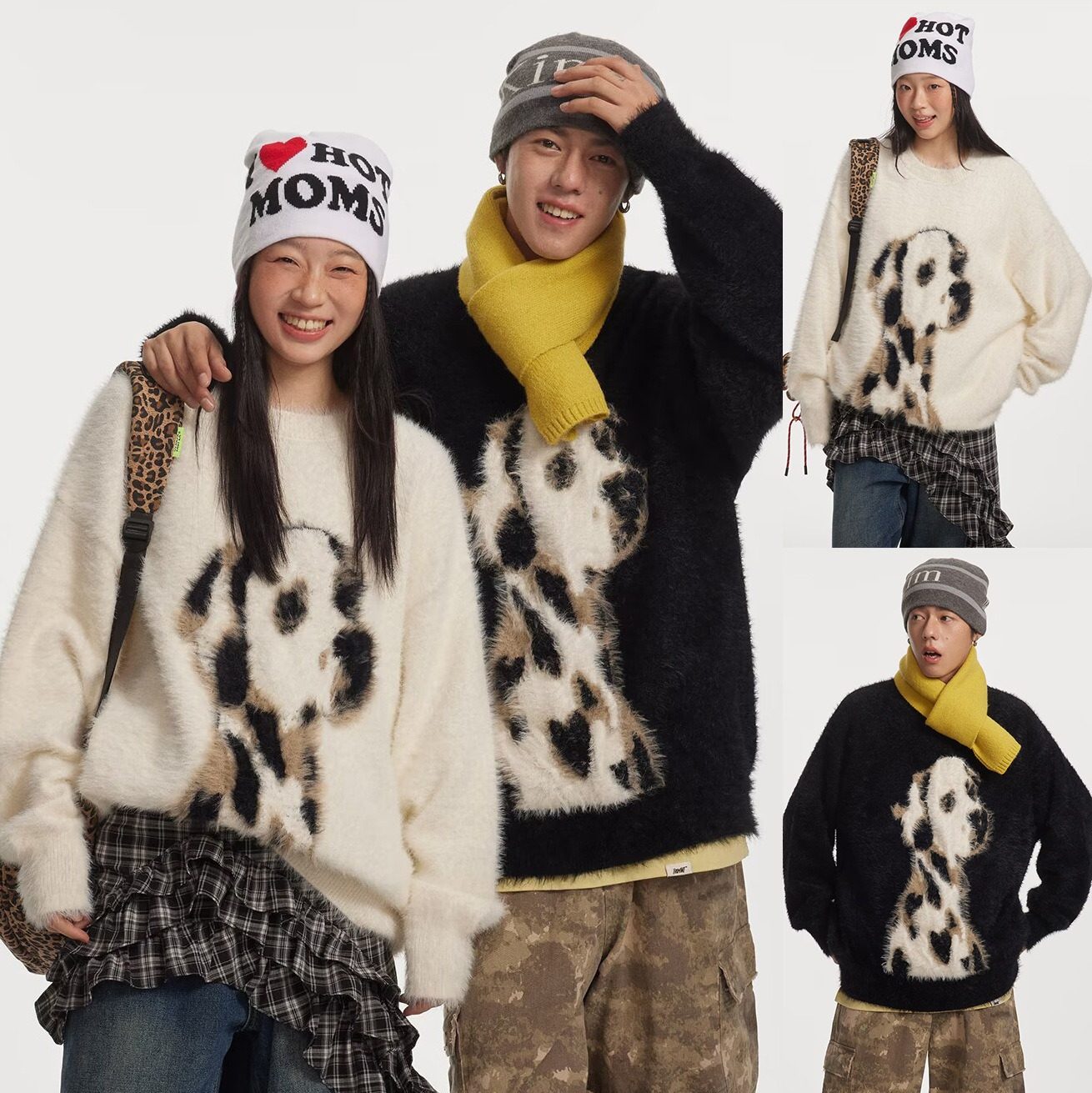 カップルペアルック ふわもこダルメシアン柄 シャギーニット