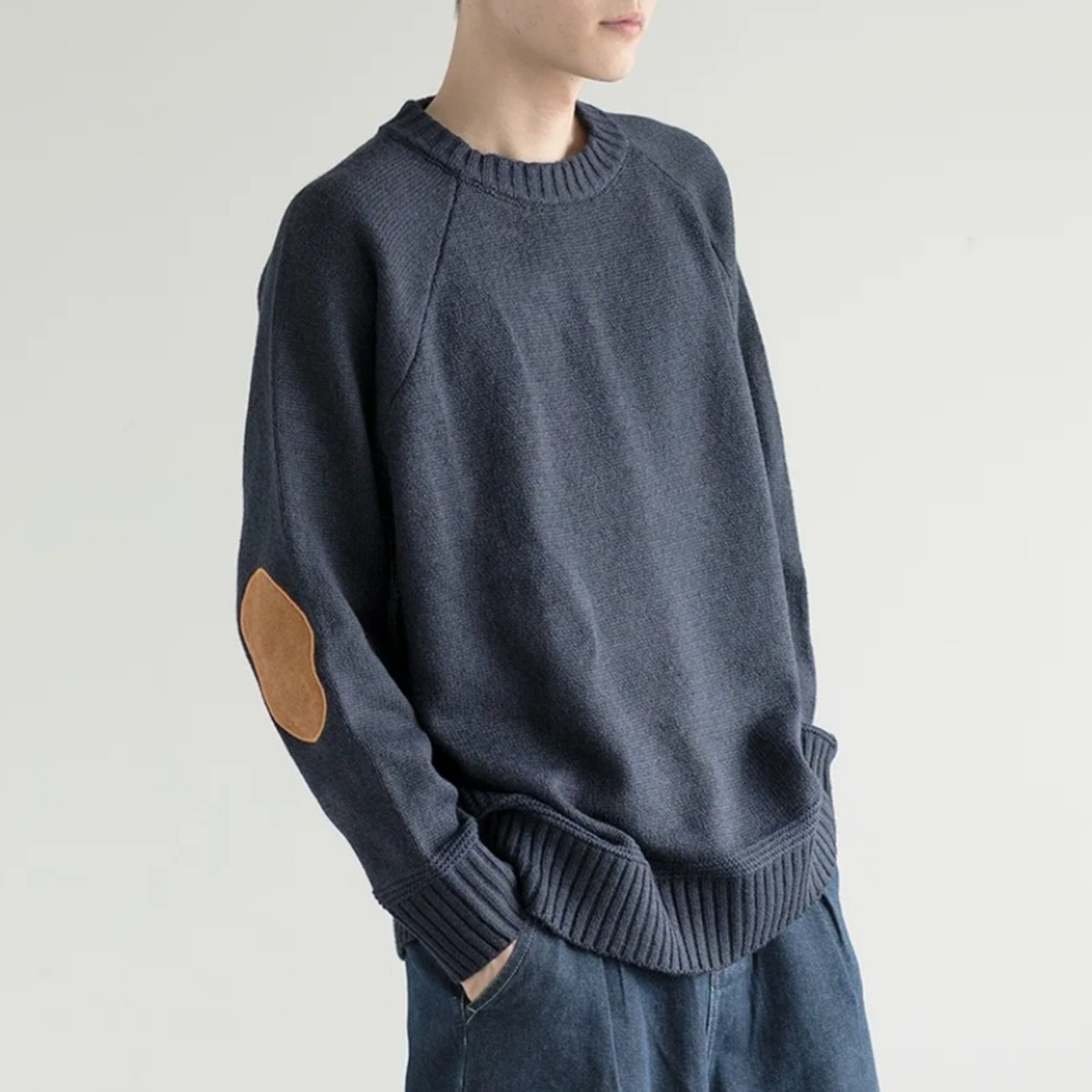 カップルペアルック エルボーパッチ付き クルーネックニット