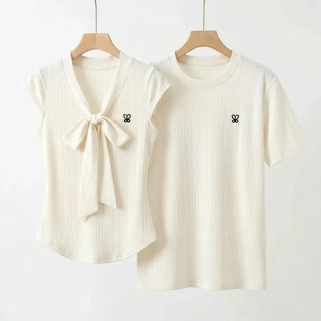 カップルペアルック ワンポイント刺繍 Tシャツ＆ボウタイトップス