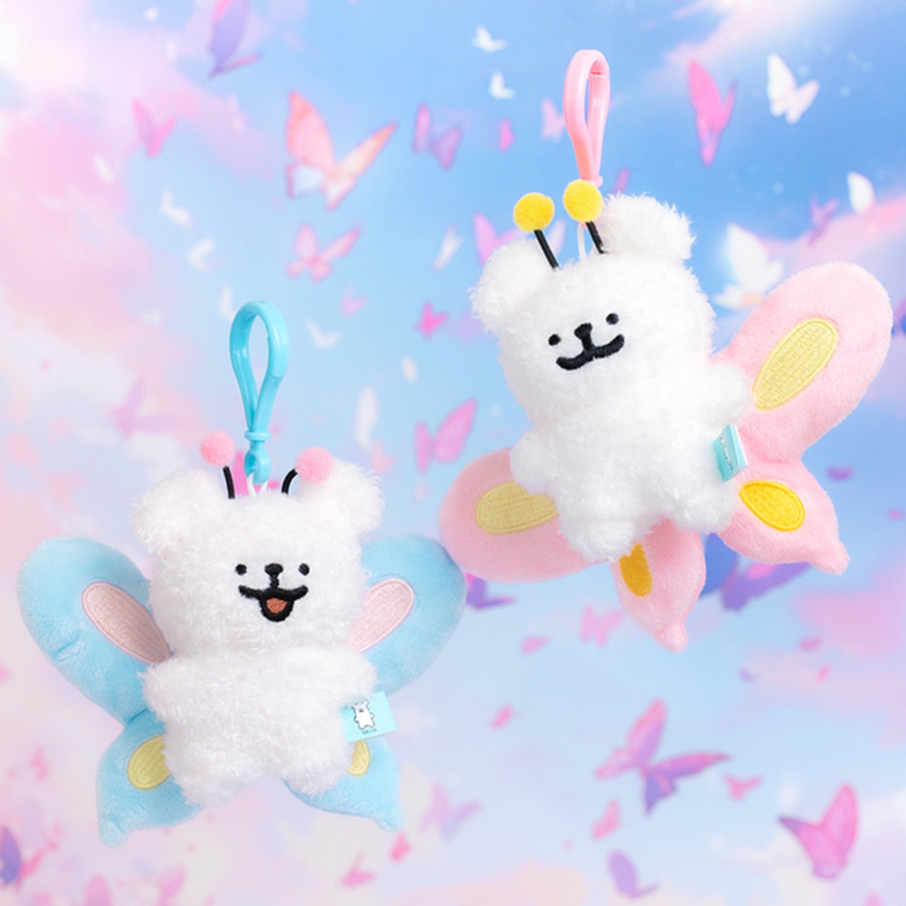 蝶とパンダのハッピー子犬ペアキーホルダー【2点セット】