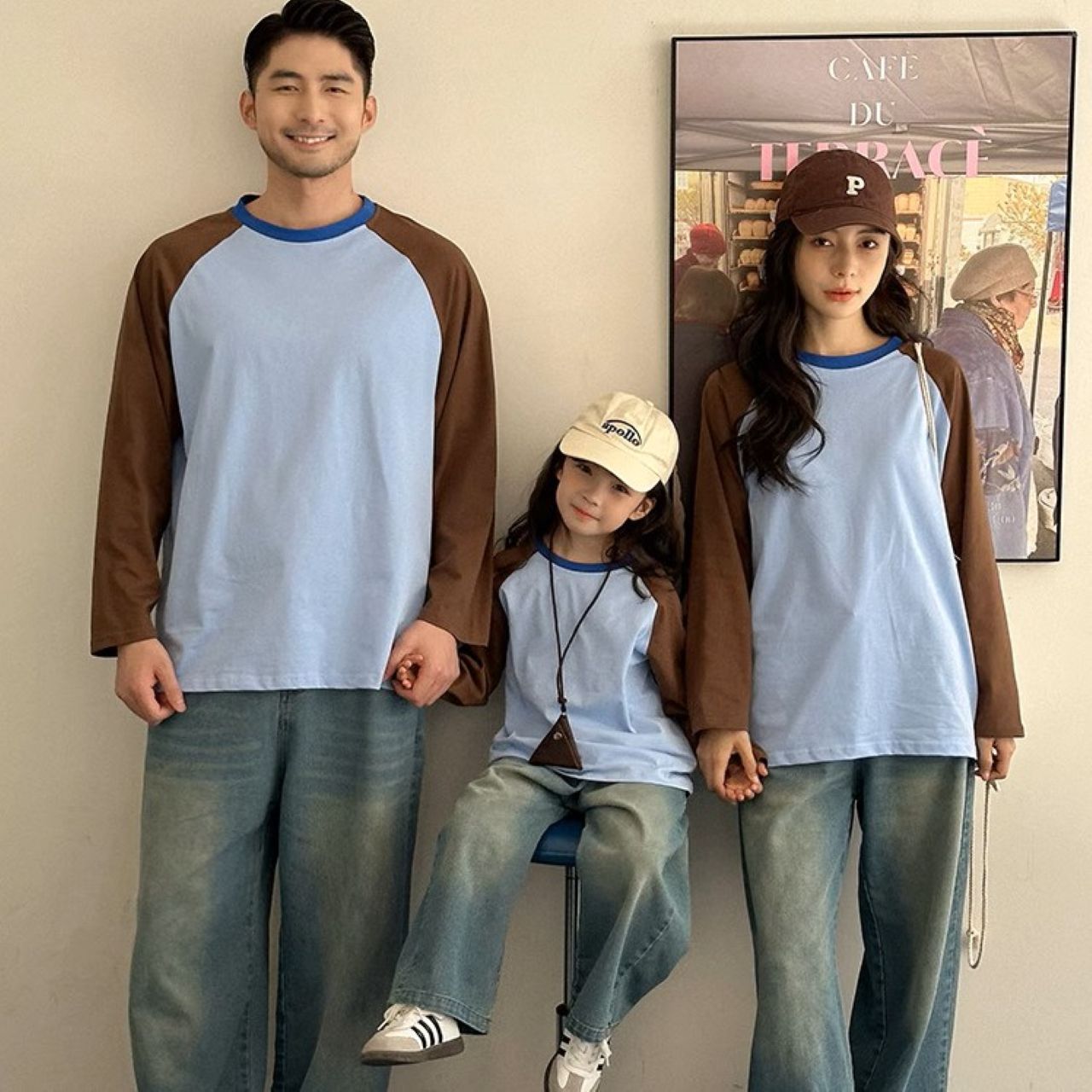 親子ペアルック 長袖ラグランTシャツ ブラウン×ブルー ファミリーお揃いコーデ