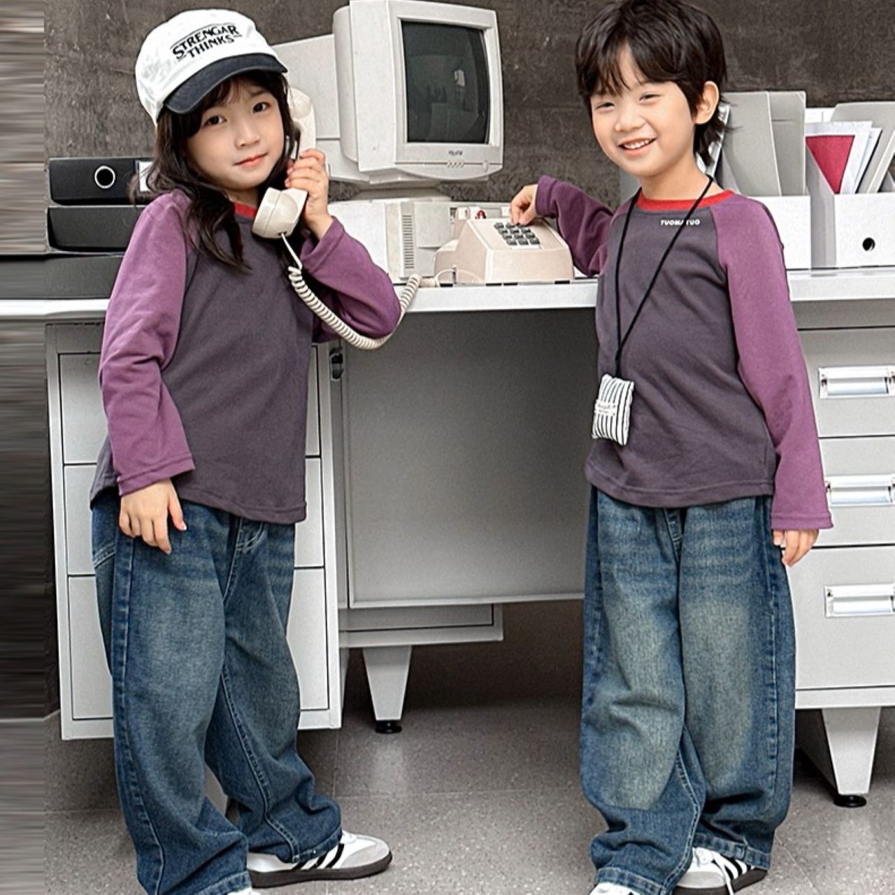 親子ペアルック パープル ラグラン 長袖Tシャツ ロゴ入り おしゃれ