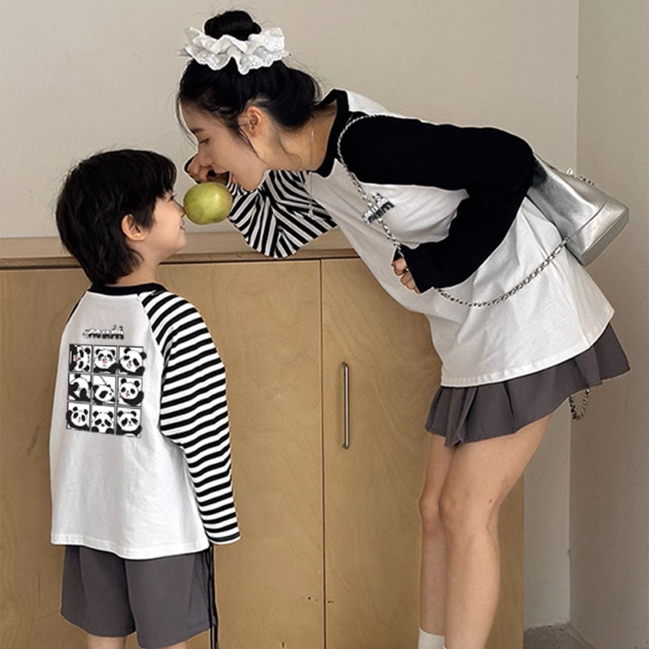 親子ペアルック パンダ ボーダー 長袖Tシャツ ファミリーお揃いカジュアル