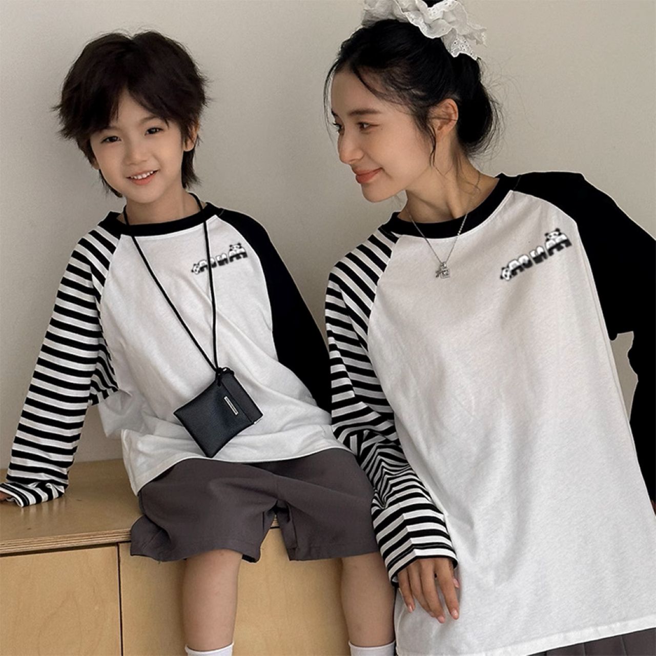 親子ペアルック パンダ ボーダー 長袖Tシャツ ファミリーお揃いカジュアル
