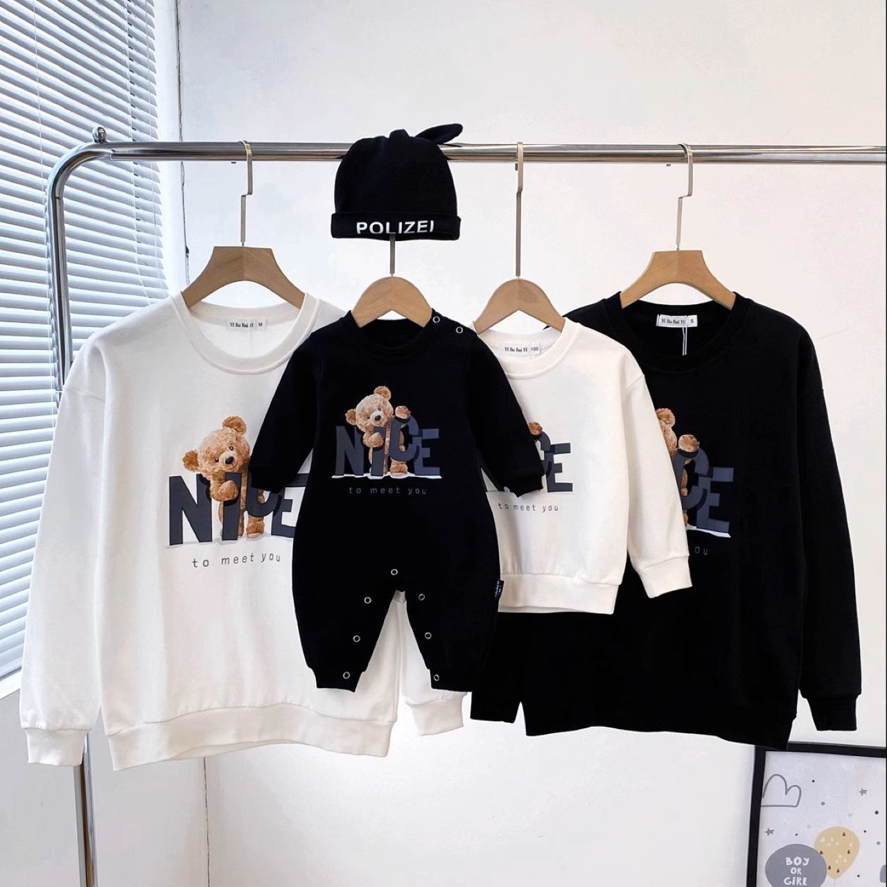 親子ペアルック モノトーン NICEベアー トレーナー スウェット 家族お揃いコーデ