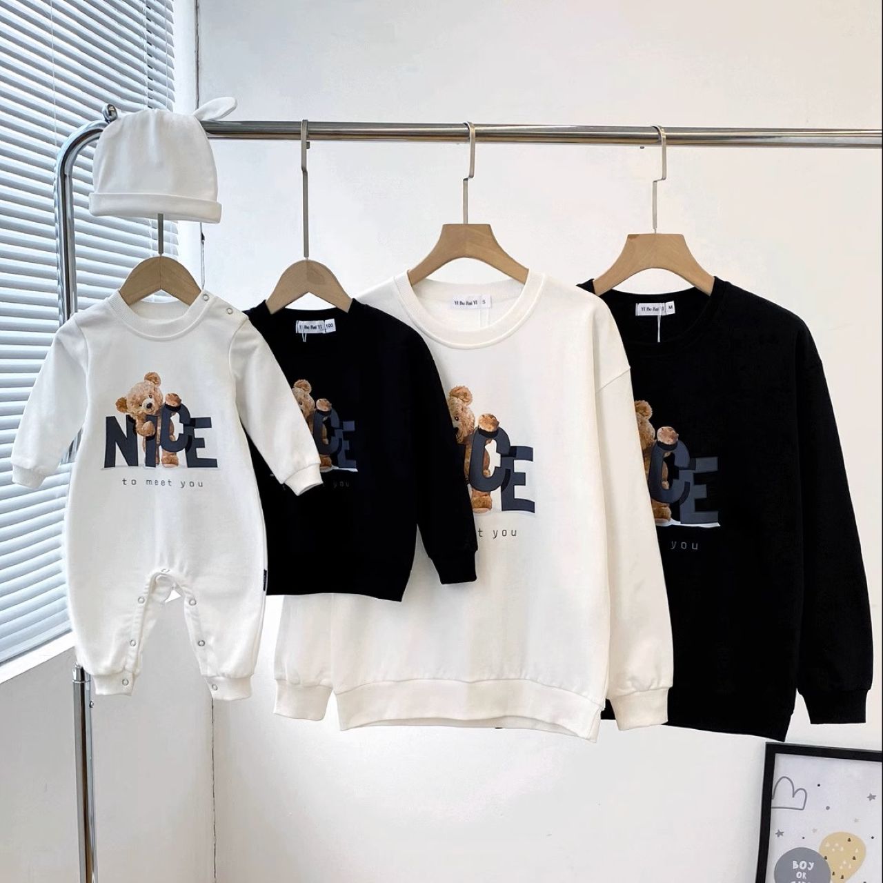 親子ペアルック モノトーン NICEベアー トレーナー スウェット 家族お揃いコーデ