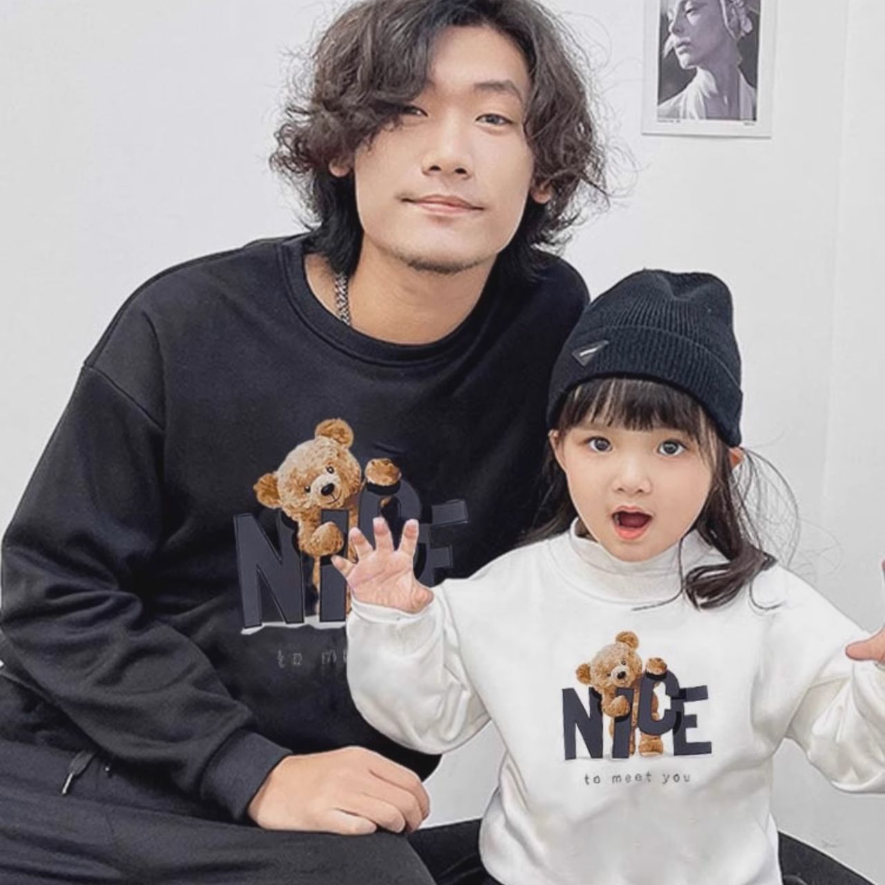 親子ペアルック モノトーン NICEベアー トレーナー スウェット 家族お揃いコーデ