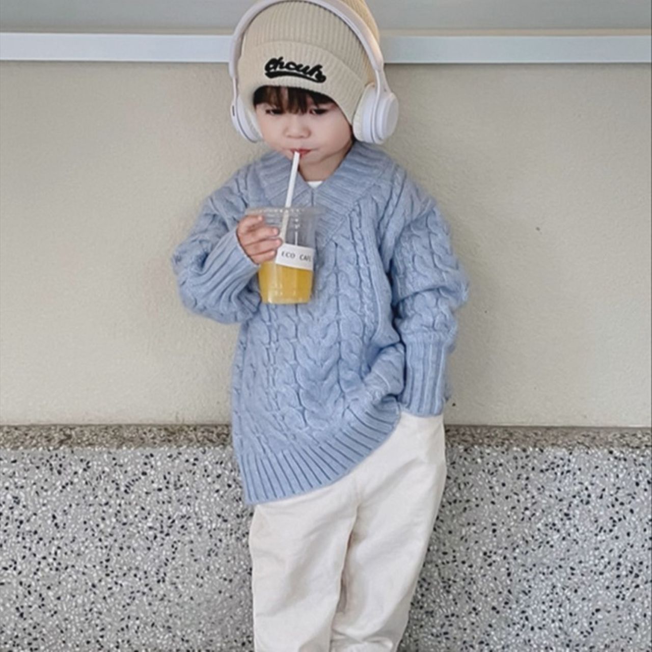 親子ペアルック ニット アイスブルー ざっくりケーブル編み ゆったり カジュアル