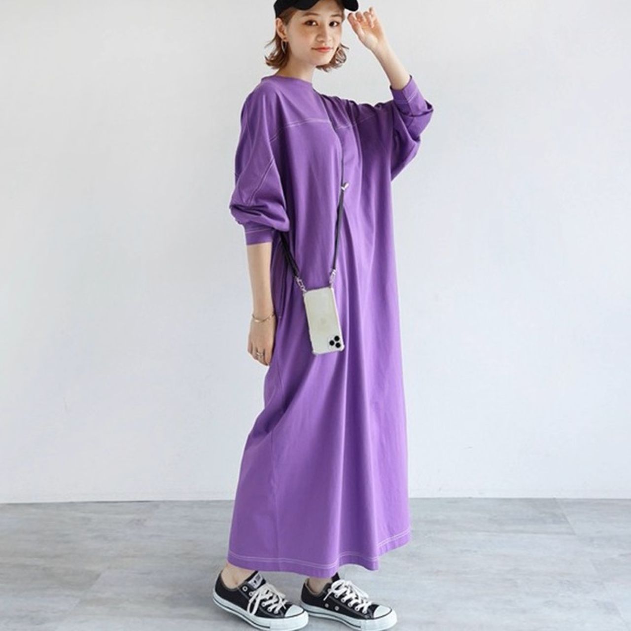 親子ペアルック コットン長袖ワンピース ロング丈 シンプル ゆったりサイズ 母娘ペア