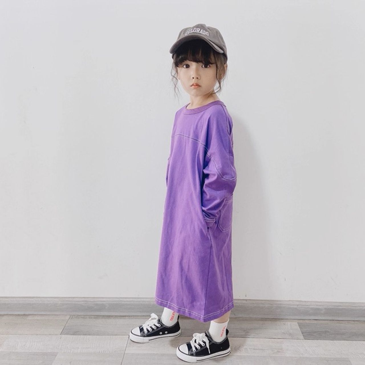 親子ペアルック コットン長袖ワンピース ロング丈 シンプル ゆったりサイズ 母娘ペア