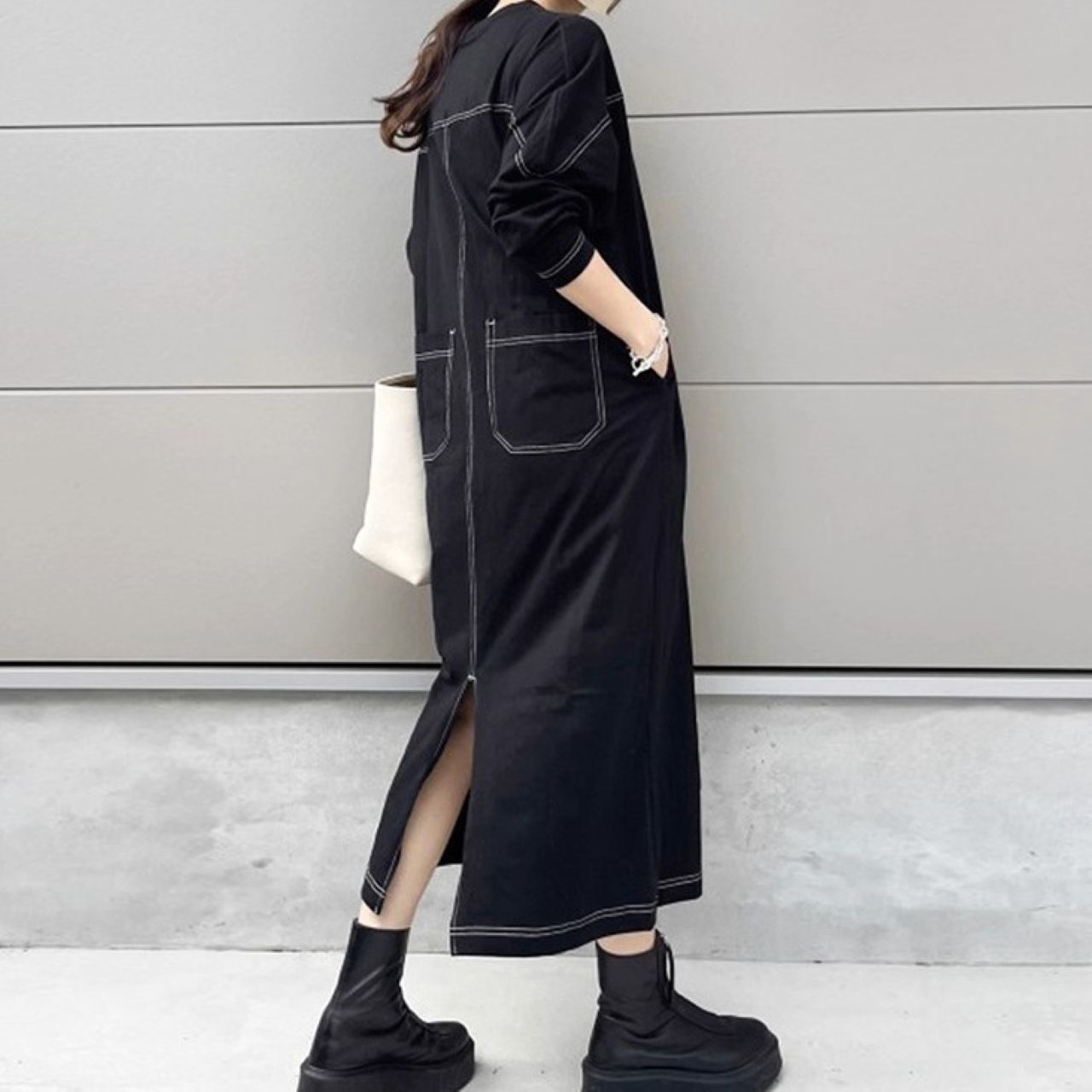 親子ペアルック コットン長袖ワンピース ロング丈 シンプル ゆったりサイズ 母娘ペア