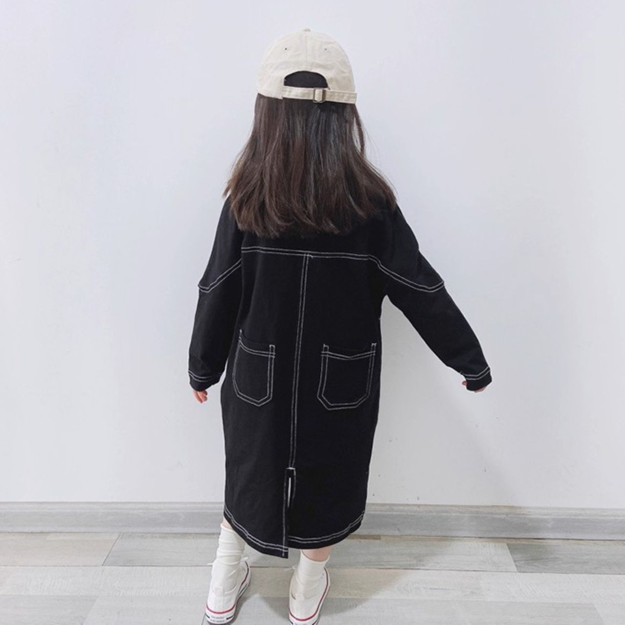 親子ペアルック コットン長袖ワンピース ロング丈 シンプル ゆったりサイズ 母娘ペア