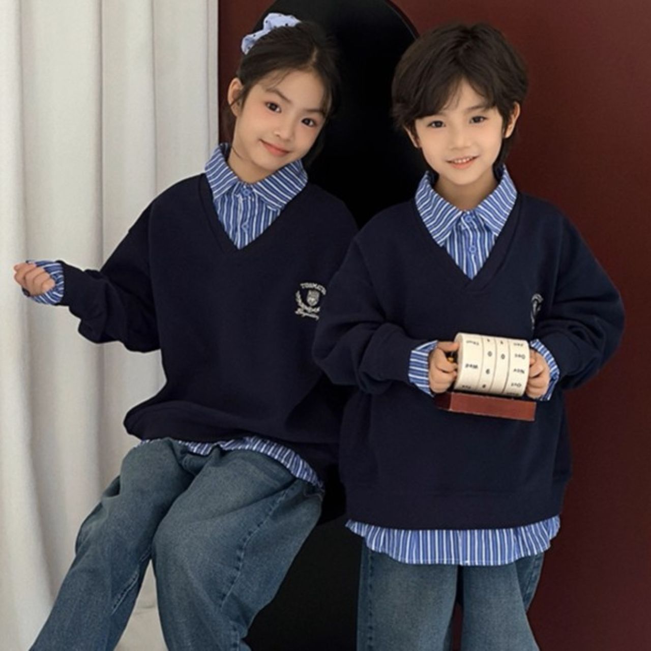 親子ペアルック シャツ襟付き トレーナー スウェット 重ね着風デザイン