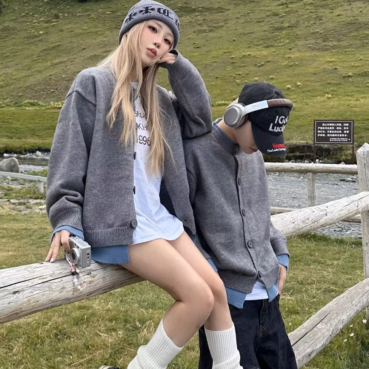 カップルペアルック ブルー×グレー レイヤード風 ニットカーディガン 男女兼用