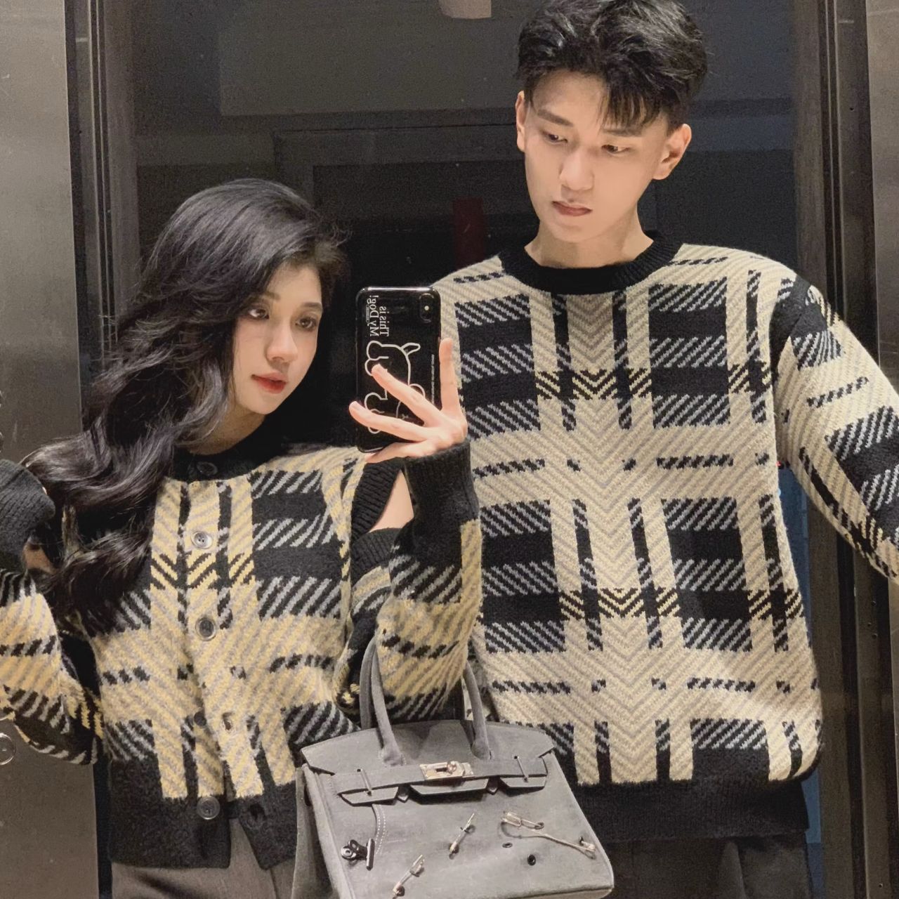 カップルペアルック チェック柄ニット カーディガン 韓国風 