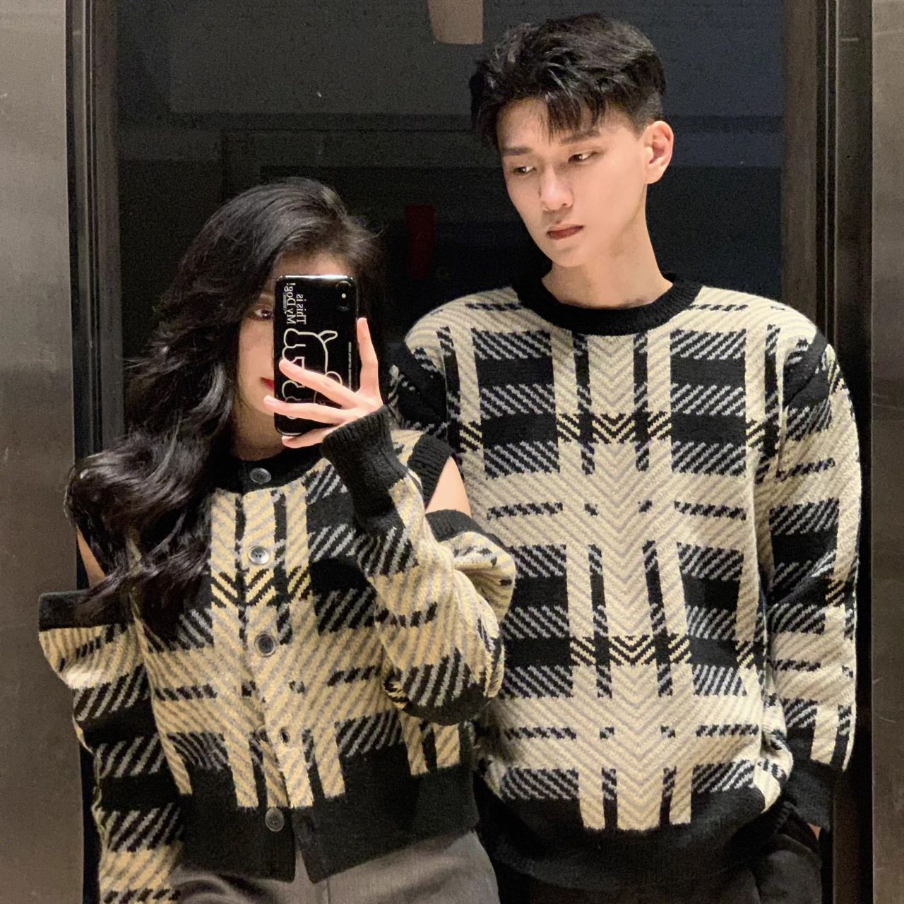 カップルペアルック チェック柄ニット カーディガン 韓国風 