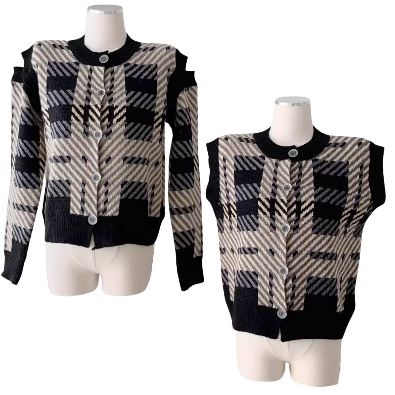 カップルペアルック チェック柄ニット カーディガン 韓国風 