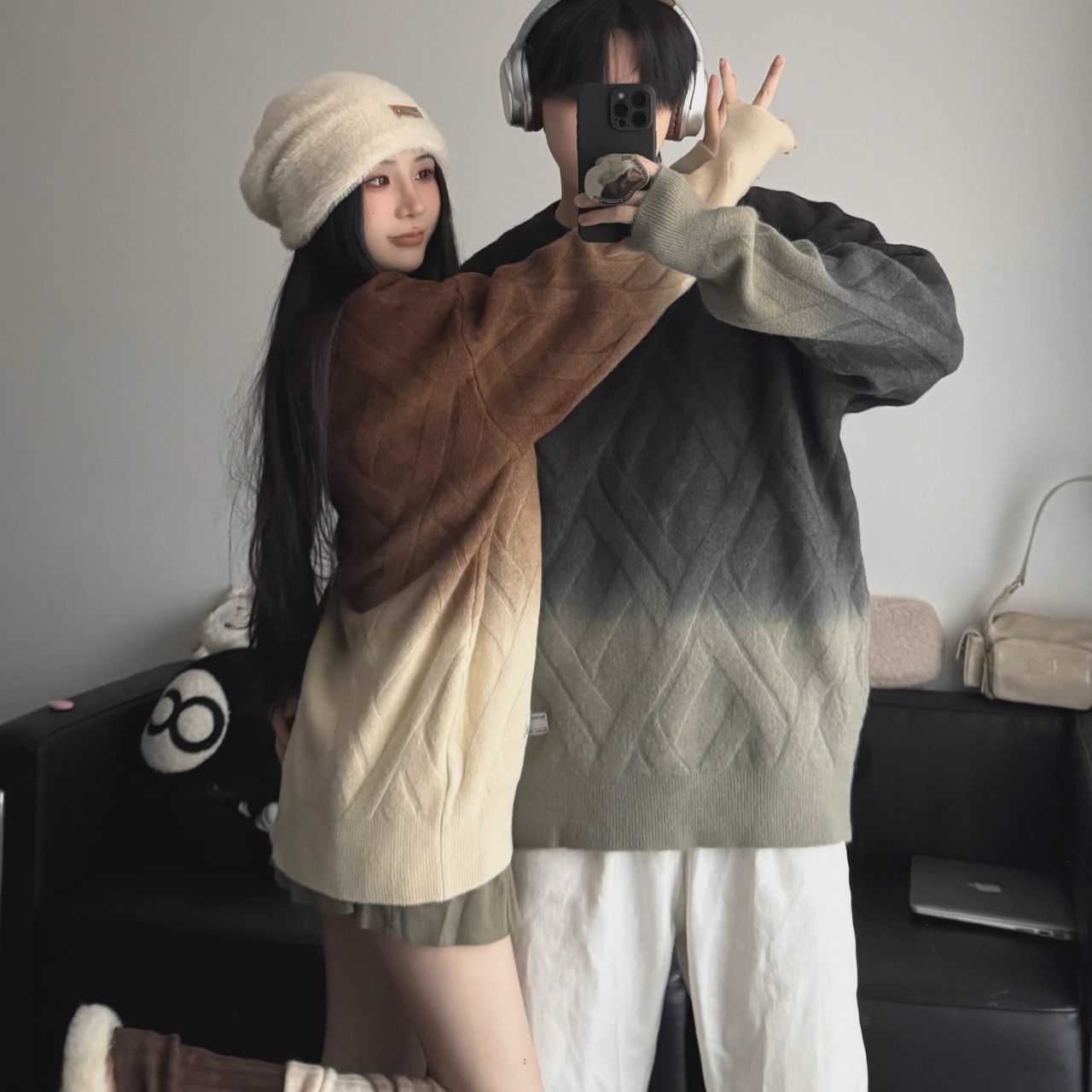 カップルペアルック グラデーションニット 韓国風 ゆったりシルエット 男女兼用