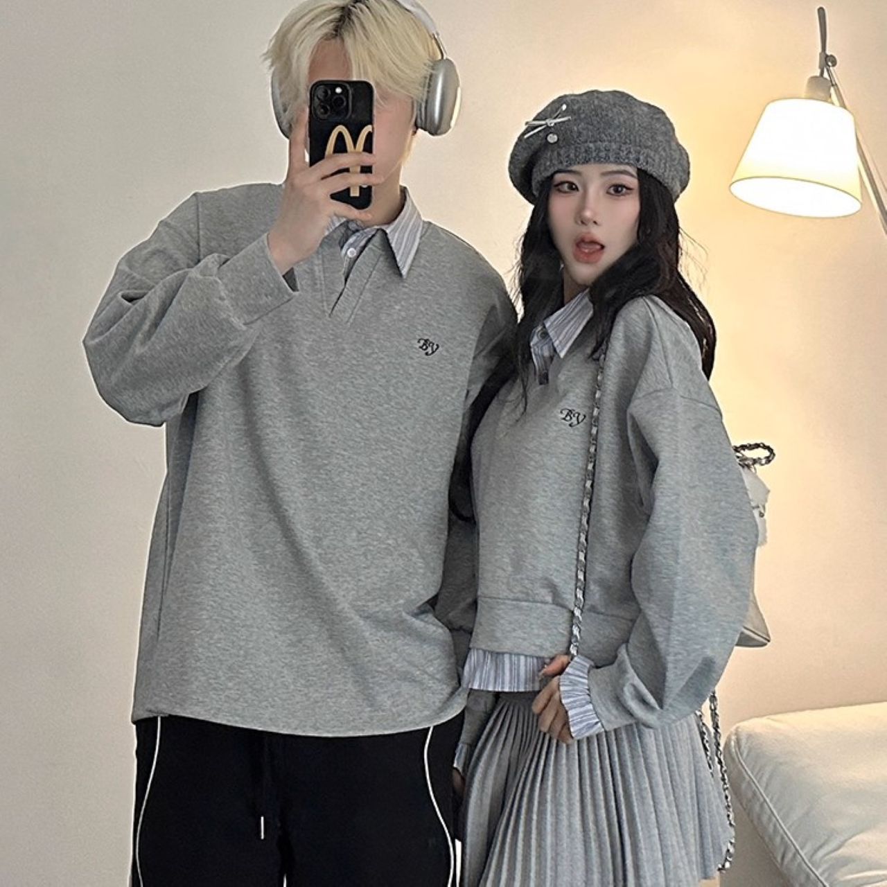 カップルペアルック 韓国風フェイクレイヤード 配色切替スウェット