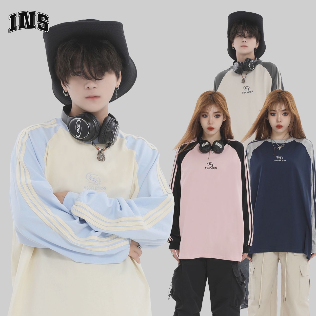 カップルペアルック INSstudios 長袖ラグランTシャツ ユニセックス シンプル 