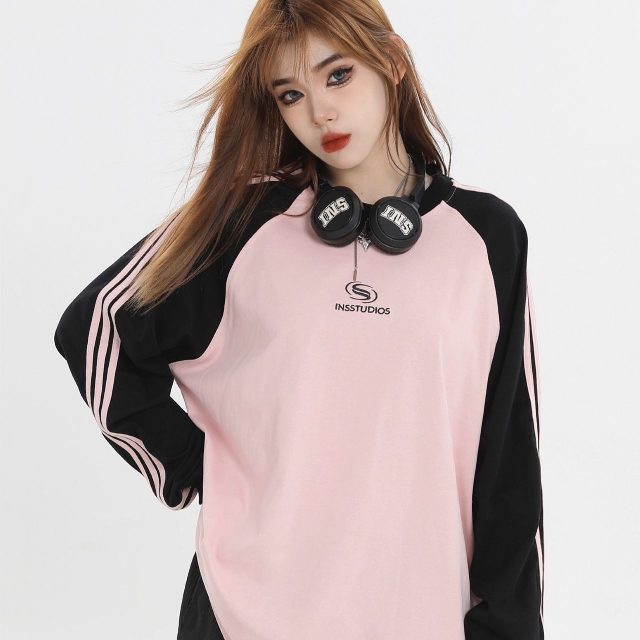 カップルペアルック INSstudios 長袖ラグランTシャツ ユニセックス シンプル 