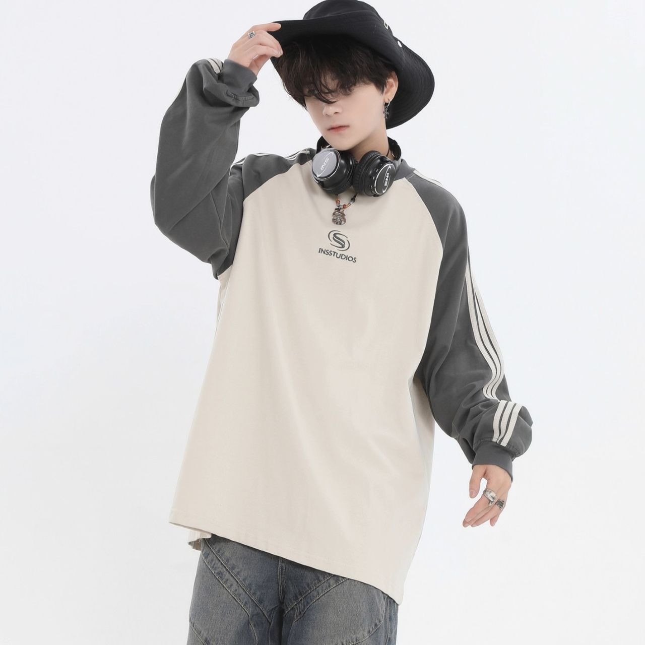 カップルペアルック INSstudios 長袖ラグランTシャツ ユニセックス シンプル 