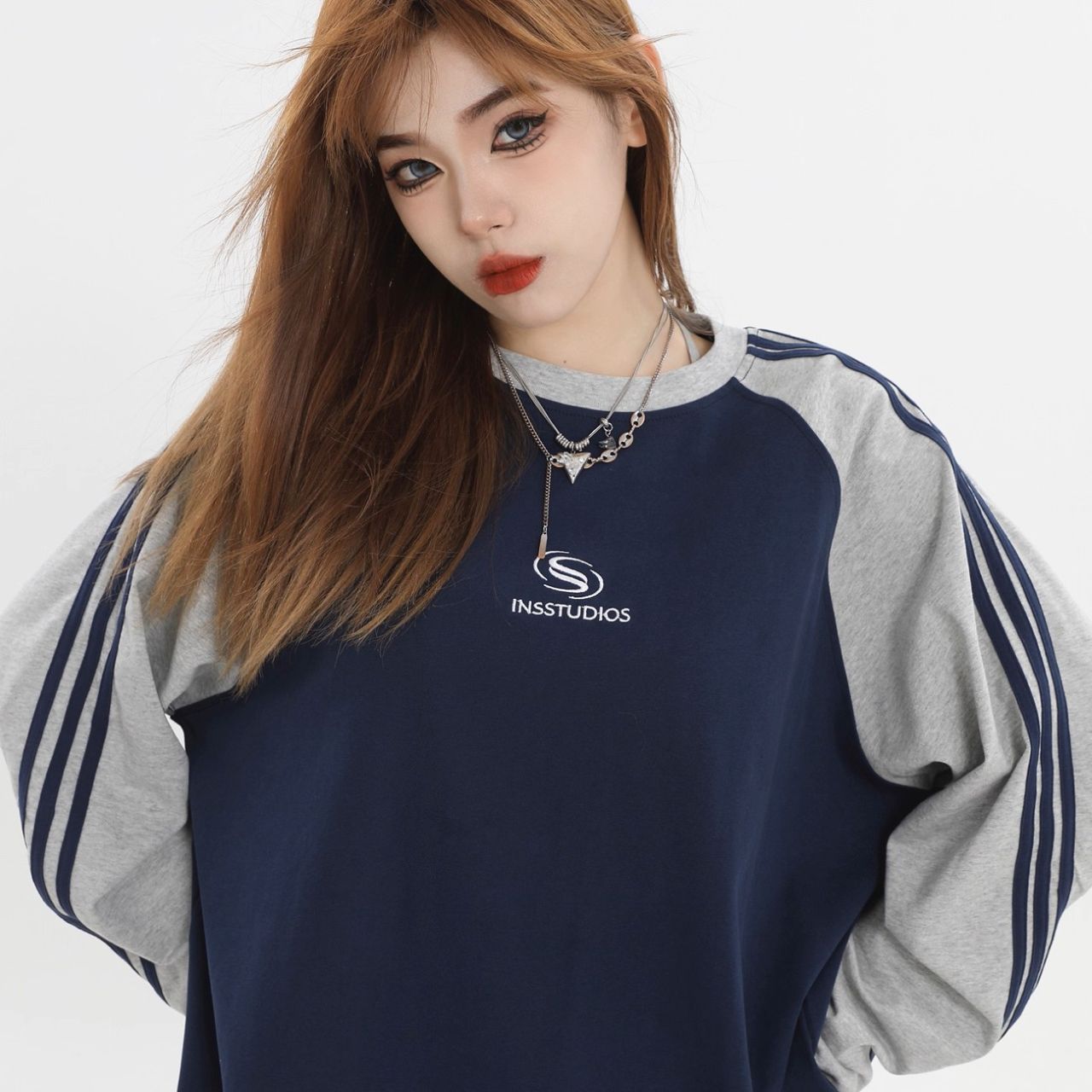 カップルペアルック INSstudios 長袖ラグランTシャツ ユニセックス シンプル 