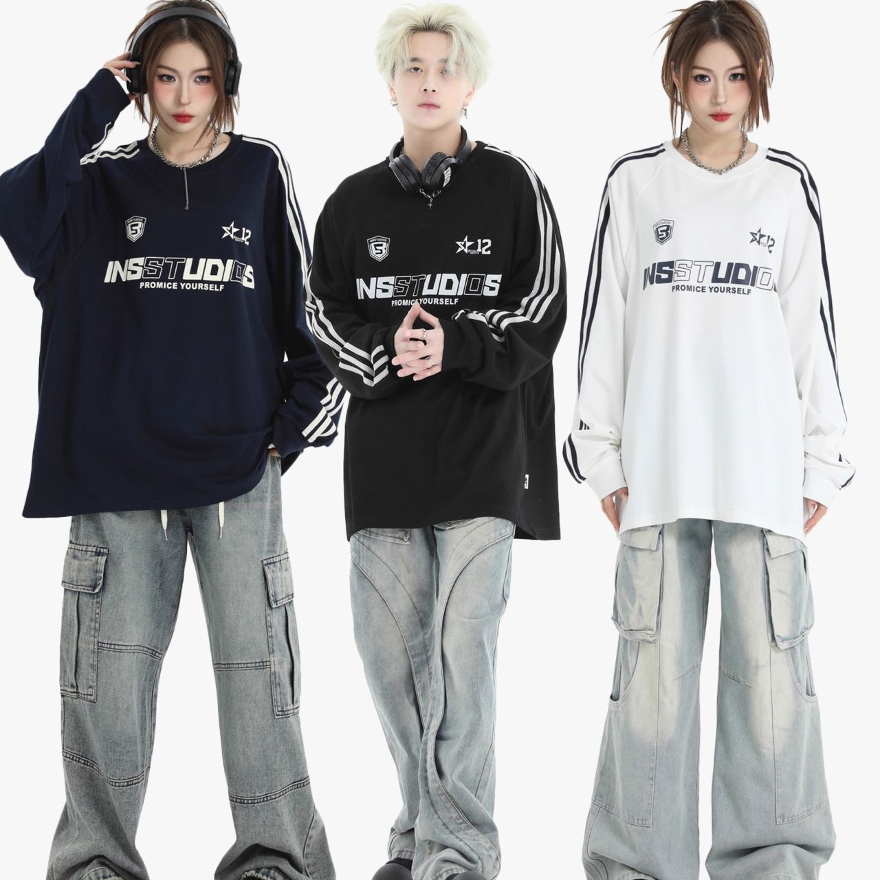 カップルペアルック INSstudios 長袖Tシャツ ロゴ入り ヘビーコットン ユニセックス