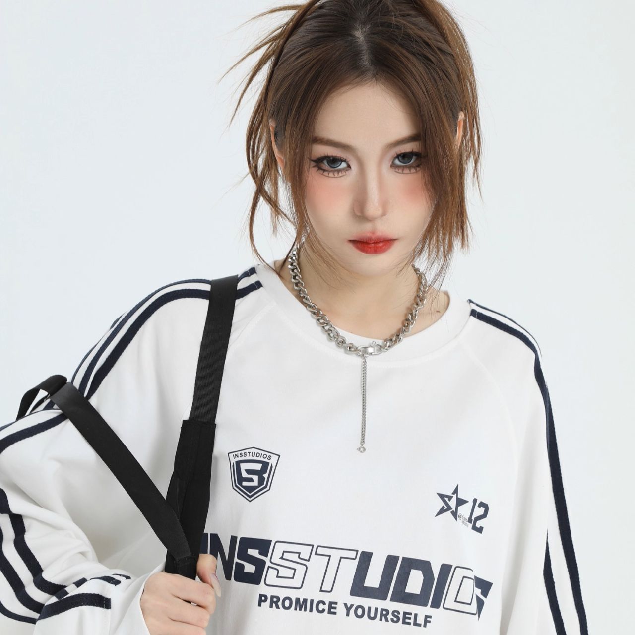 カップルペアルック INSstudios 長袖Tシャツ ロゴ入り ヘビーコットン ユニセックス