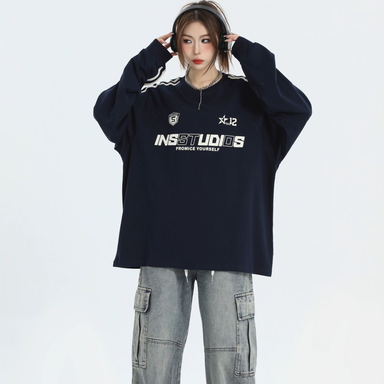 カップルペアルック INSstudios 長袖Tシャツ ロゴ入り ヘビーコットン ユニセックス