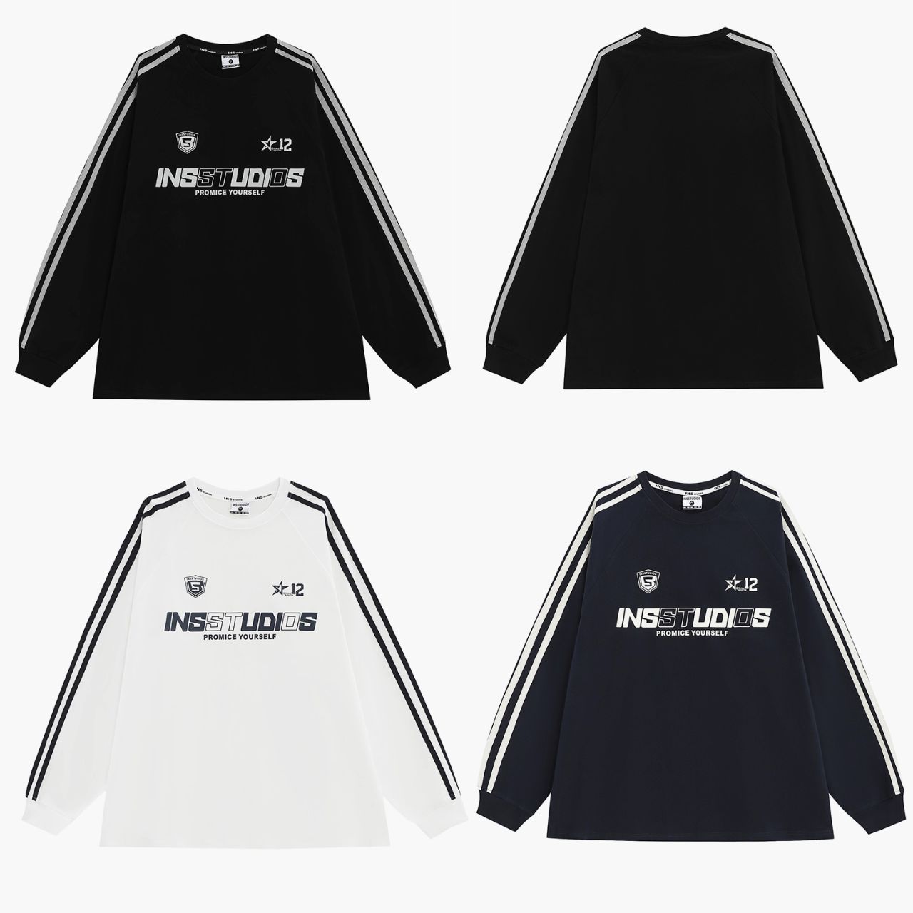 カップルペアルック INSstudios 長袖Tシャツ ロゴ入り ヘビーコットン ユニセックス