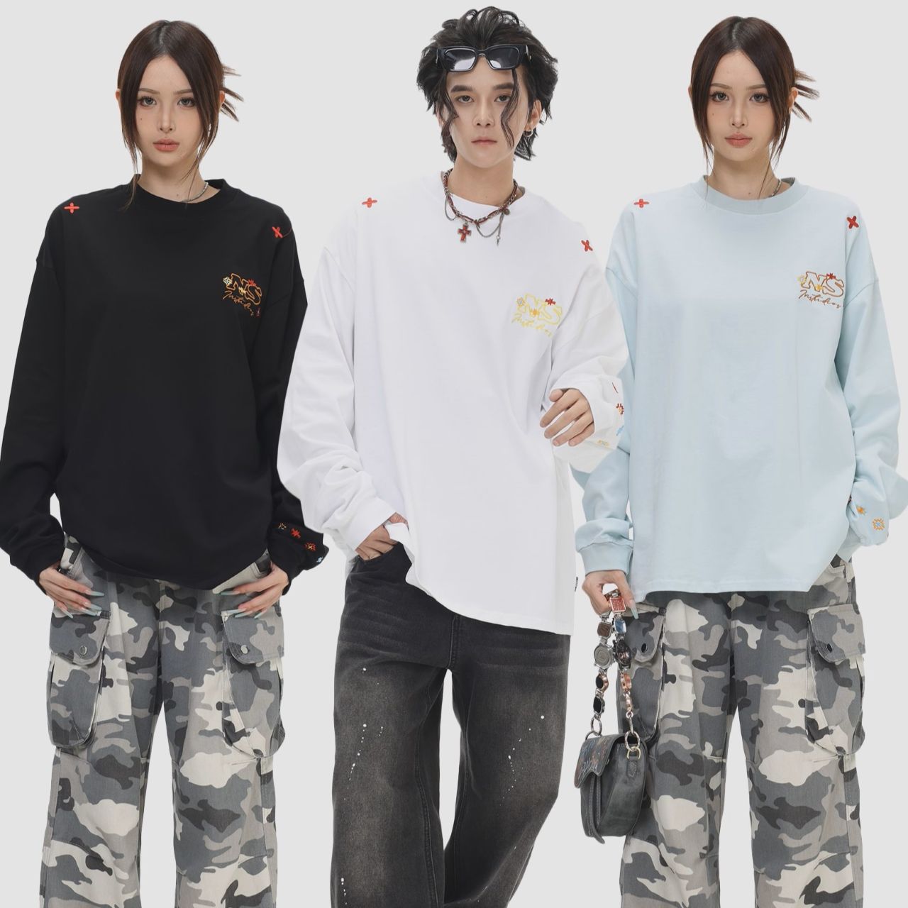 カップルペアルック INSstudios 長袖Tシャツ ロゴ刺繍 ユニセックス