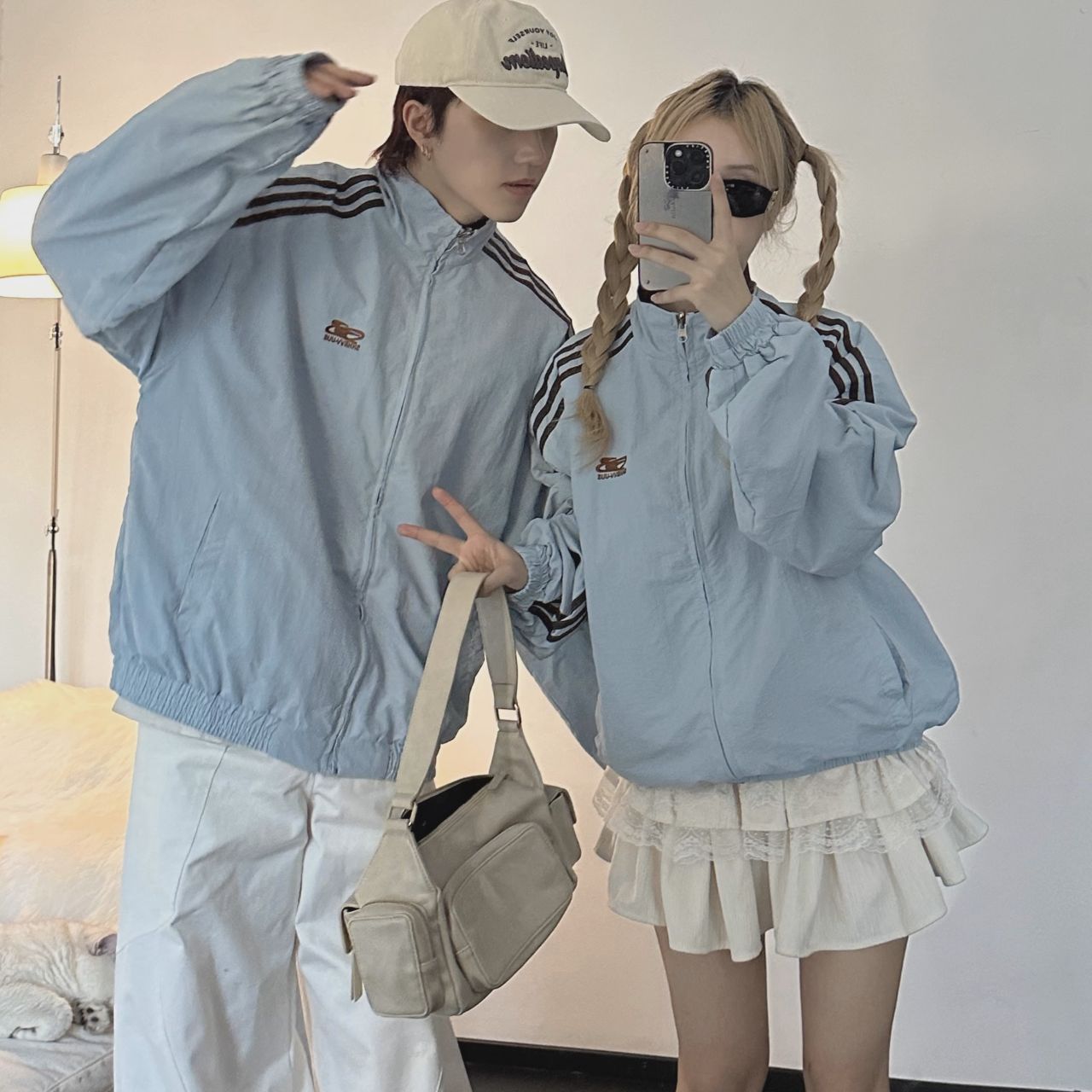 カップルペアルック リバーシブルブルゾン ブルー×ブラウン 男女兼用