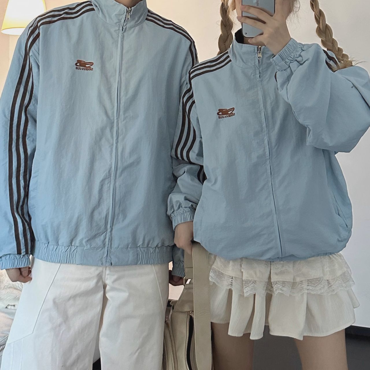 カップルペアルック リバーシブルブルゾン ブルー×ブラウン 男女兼用