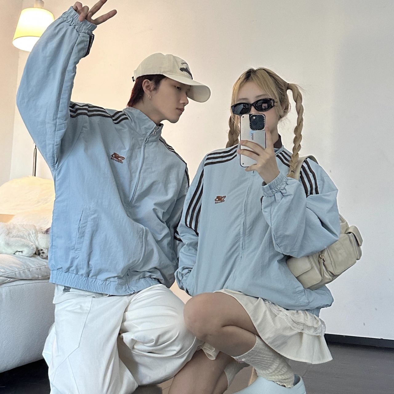 カップルペアルック リバーシブルブルゾン ブルー×ブラウン 男女兼用