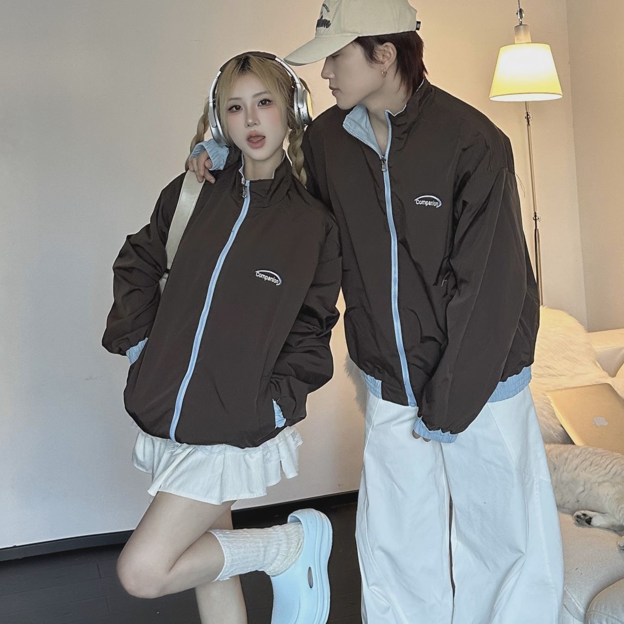 カップルペアルック リバーシブルブルゾン ブルー×ブラウン 男女兼用