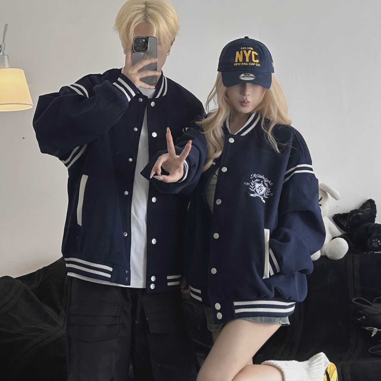 カップルペアルック ネイビー カジュアルジャケット エンブレム風デザイン ユニセックス