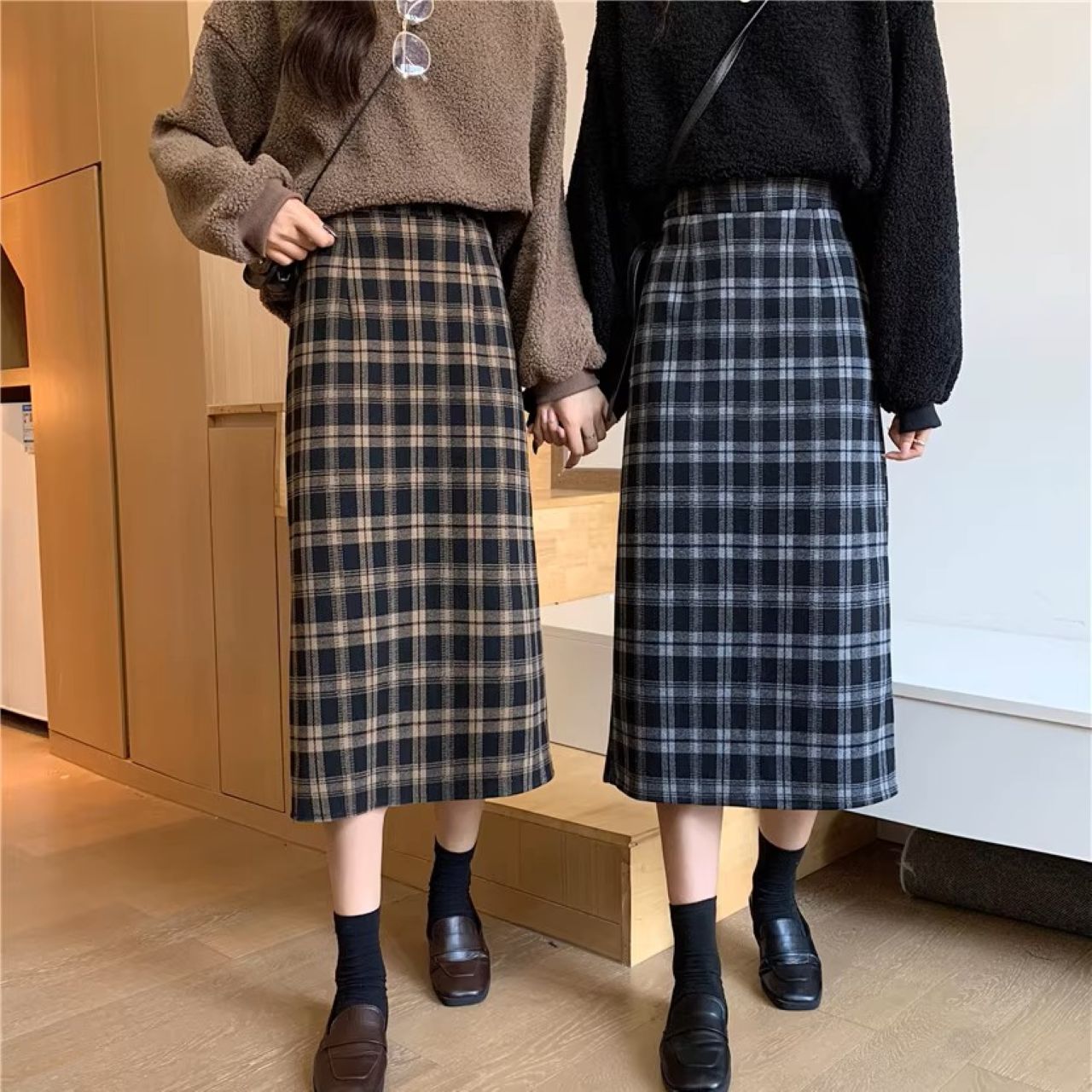 双子コーデ チェック柄ミモレ丈スカート ハイウエスト スリット入り