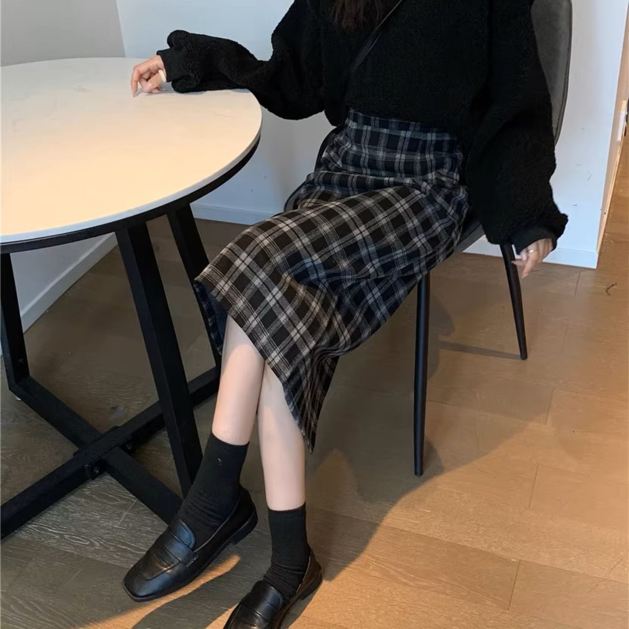 双子コーデ チェック柄ミモレ丈スカート ハイウエスト スリット入り